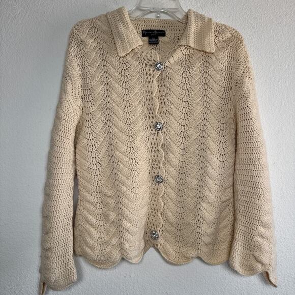 Mercer & Madison Lambswool Crochet Cardigan PS Cream Scallop Hem Crystal Buttons - Picture 2 of 11